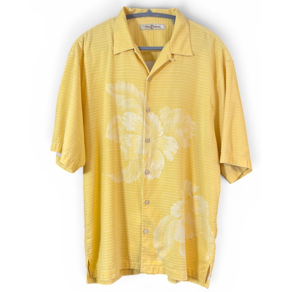 Tommy Bahama 100% Silk Camp Shirt Mens Large Yellow Hawaiian Floral Jacquard